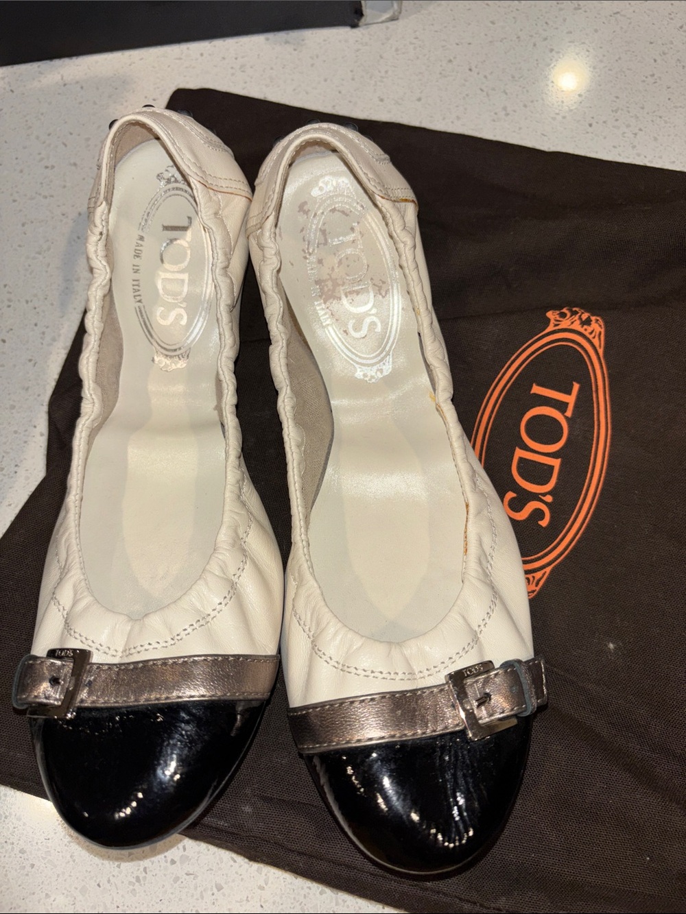 Tod's Leather Ballet Flats in White, Black and Metallic patent and soft leather